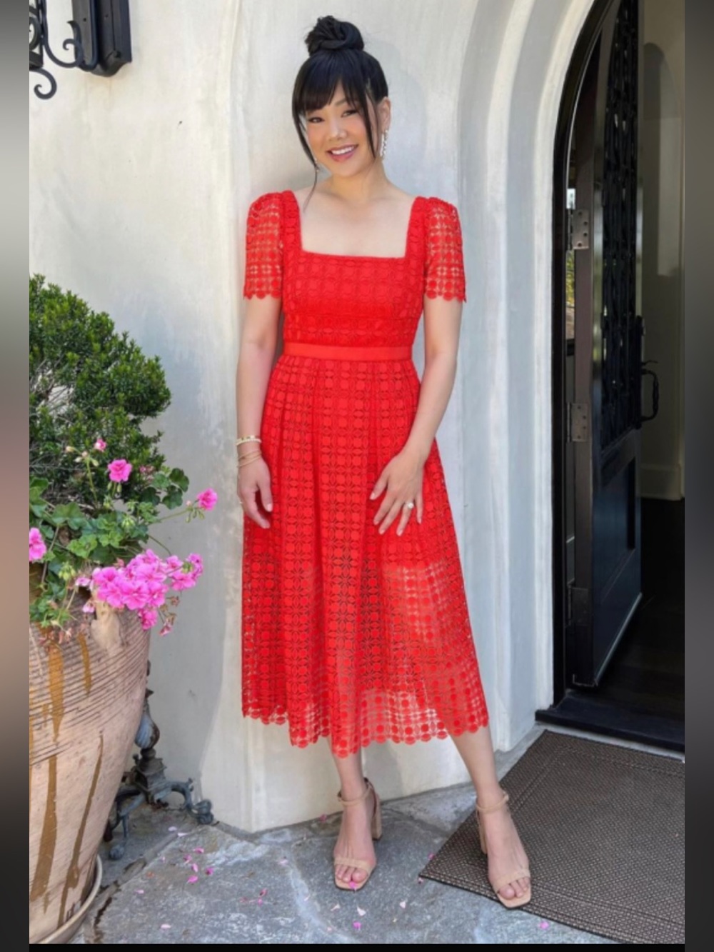 Self-Portrait Red Lace Square-Neck Midi Dress